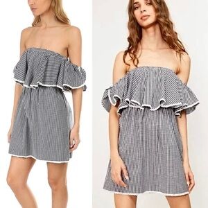 MISA 70s‎ Gingham Plaid Check Crochet Lace Trim Ruffle Off Shoulder Mini Dress S
